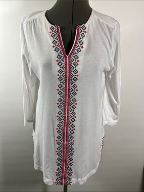 J. Jill White Tunic with Red and Black Embroidered Trim Size Small
